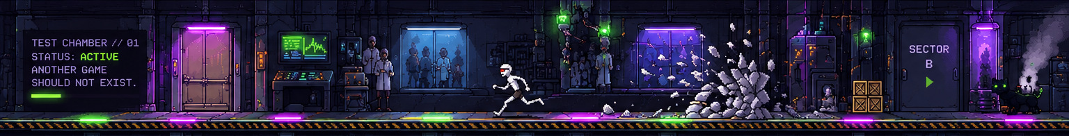 Detailed pixel-art industrial arcade test chamber with a running subject, scientists, glowing machinery and flying debris